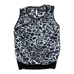 Y2K Ann Taylor Petite Leopard Print Sleeveless Blouse Grey Black Banded Hem MP